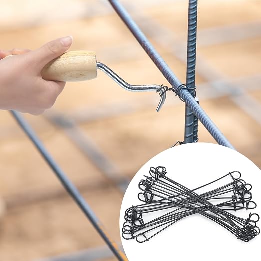 Therwen 1002 Pcs Tie Wire and Wire Twister Set 1000 Pcs 6 Inch 16 Gauge Double Loop Bar Ties Tool 2 Pake with Wooden Grip Handle for Securing Concrete Steel Construction (Black)