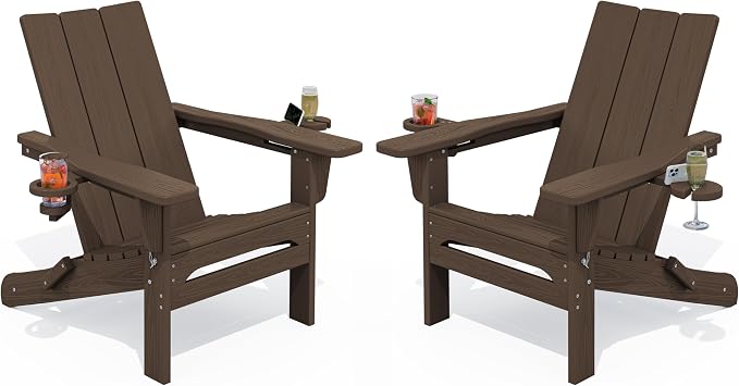 SERWALL Modern Adirondack Chairs Set of 2, Folding Adirondack Chair with Cup Holders, Outdoor HDPE Adirondack Chair for Patio Lawn Garden, Coffee
