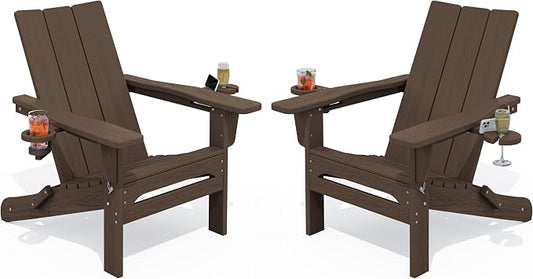 SERWALL Modern Adirondack Chairs Set of 2, Folding Adirondack Chair with Cup Holders, Outdoor HDPE Adirondack Chair for Patio Lawn Garden, Coffee