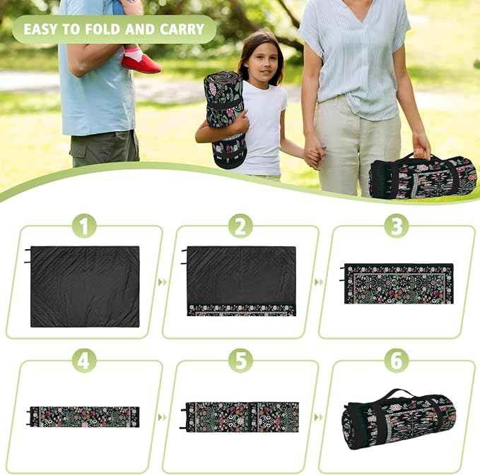 Floral Picnic Blankets Waterproof Foldable, 80″X80″ Extra Large Picnic Mat Boho Outdoor Blanket for Grass, Dark Packable Beach Blanket Sandproof Picnic Accessories for Camping Music Festival Park Lawn