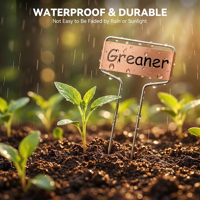 Greaner 30PCS Copper Plant Tags, 2.6" x 10" Metal Plant Markers with Rainproof PET Film & Permanent Pen, Reusable Garden Signs for Vegetables、Fruits、Seeds