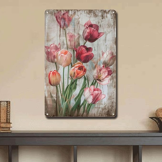 Metal Sign Tin Sign Vintage Wall Art Vintage Tulips Tin Sign for Rustic Wall Art Shabby Chic Interiors and Corrosion Resistant Aluminu Funny Sign for Club 12×16 Inches
