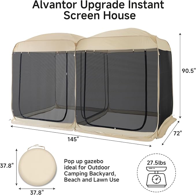 Alvantor Pop Up Screen House Tent, Instant Outdoor Gazebo with Mosquito Netting & UPF 50+ Sun Protection, Portable Canopy Shelter for Patio, Backyard, Camping (2-10 Person)