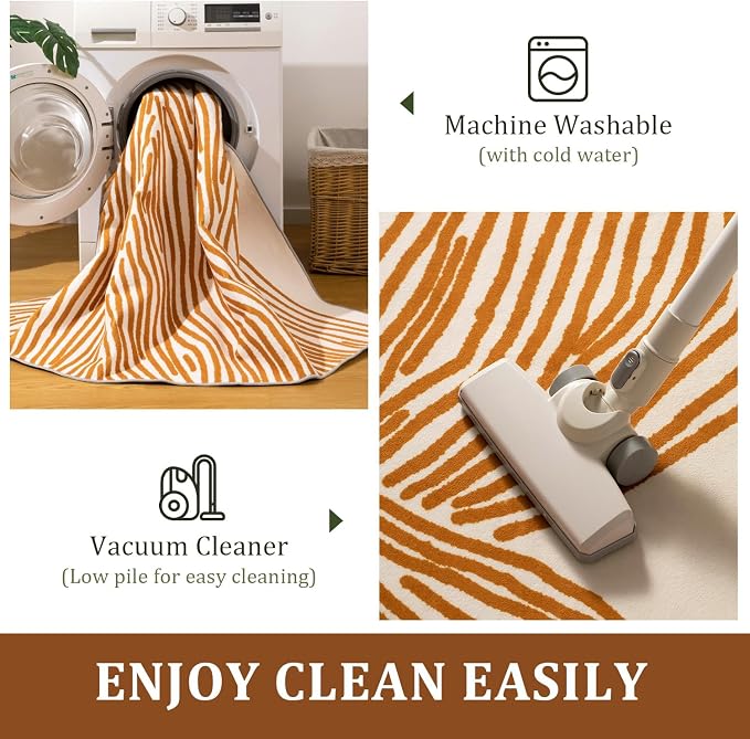 Orange Rug for Living Room, 8×10 Modern Abstract Area Rug, Geometric Contemporary Wave Striped Rugs for Playroom Nursery, Washable Nonslip Large Rug for Bedroom Dining Room