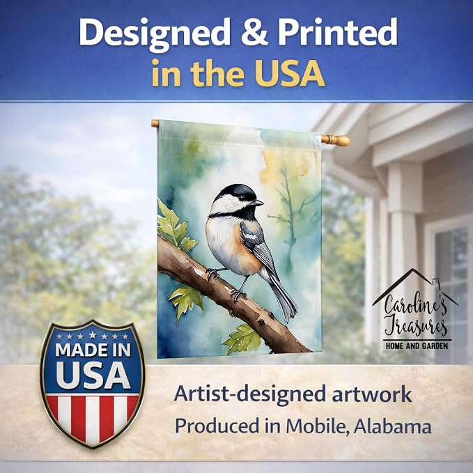 Caroline's Treasures Massachusetts Blackcapped Chickadee House Flag Large Porch Sleeve Pole Decorative Outside Yard Banner Artwork Wall Hanging, Polyester, House Size, Multicolor