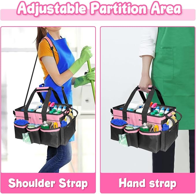 Large Wearable Cleaning Caddy Bag – Waterproof Tote with Multiple Compartments, 4 Detachable Dividers, Adjustable Shoulder Strap & Waist Belt, Heavy-Duty Organizer for Housekeepers, Home, Car -Pink
