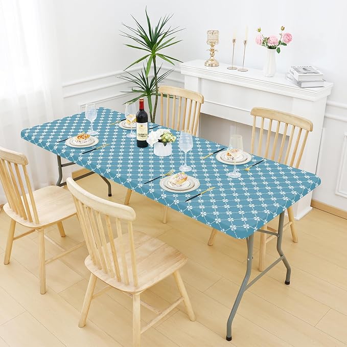 misaya Rectangle Vinyl Table Cloth, Elastic Fitted Tablecloth with Flannel Backing, Waterproof Plastic Table Cover Fits 6 Foot Folding Tables for Picnic, Camping and Outdoor (Lake Blue, 30" x 72")