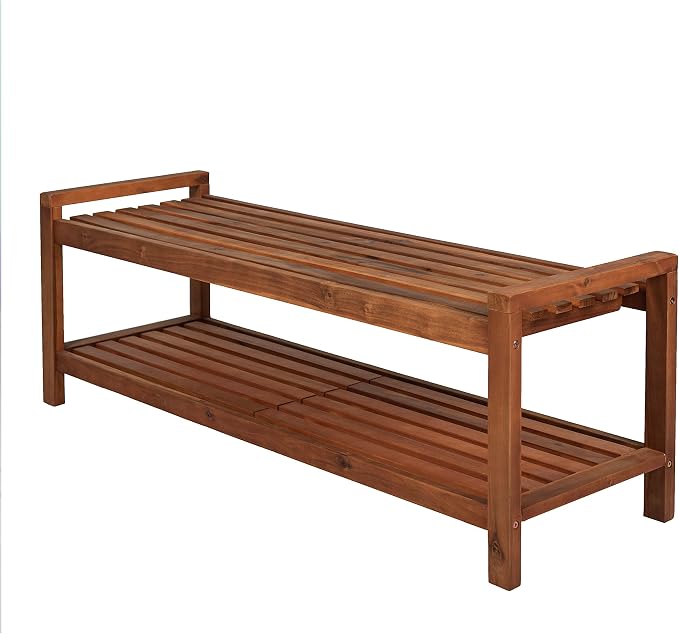 JONATHAN Y Blane 51" Solid Acacia Wood Backless Outdoor Bench with Shoe Storage Shelf, Minimalist Slatted Entryway and Patio Seating, Heavy-Duty 600 lbs Capacity, Teak Finish BNH102A