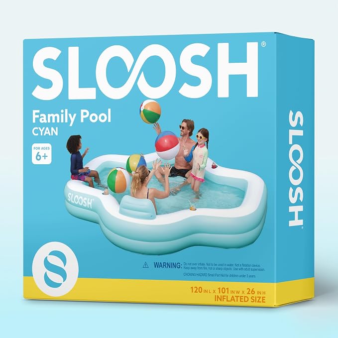 SLOOSH Inflatable Pool for Family with Seats, 120" x 101" x 26" Full-Sized Blow Up Durable Thickened Above Ground Pool with Backrest Cup Holders,Swimming Pools for Backyard Summer Water Lawn, Cyan