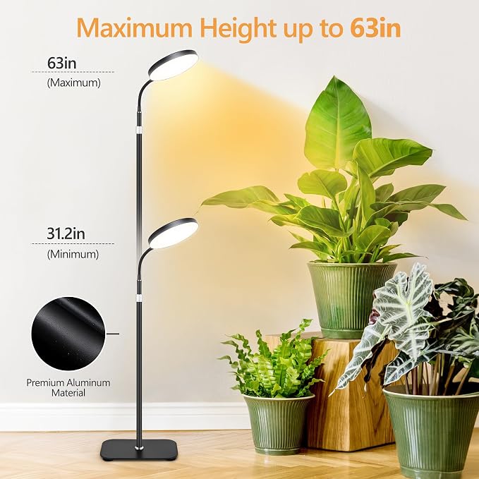 Grow Light Indoor Plants, 20W Full Spectrum Lamp, Height Adjustable Stand | 3/9/12H Auto Timer, 10 Dimmable Levels, 96 LEDs Sunlike Full Spectrum Floor Grow Lamp for Small to Tall Houseplants Growth