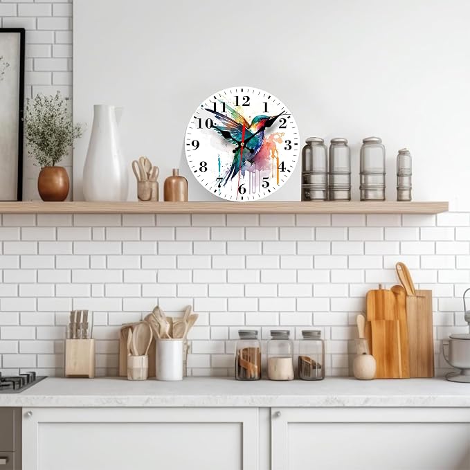 Wall Clocks Battery Operated, Watercolor Hummingbird Silent Non Ticking Decorative Indoor Outdoor Wall Clocks for Living Room Kitchen Bedroom Bathroom 12"