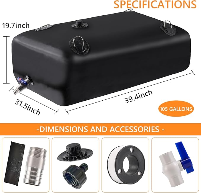 Rodelna Portable Water Tank, 105 Gallon Foldable PVC Rectangular Black Water Storage Bladder with 3/4" Spigot and Hose Kit for Camping, Garden, Emergency Use