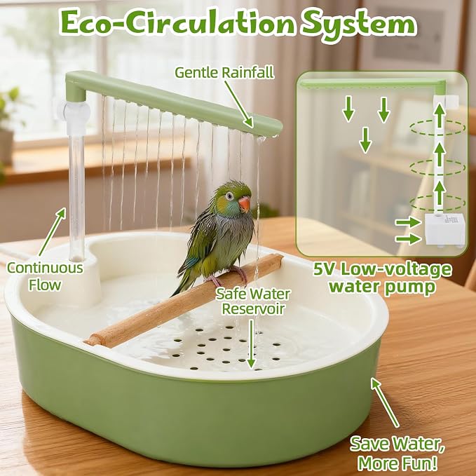 Automatic Parakeet Bird Bath Shower, Quiet Circulating Parrot Bathtub | Adjustable water flow & quiet pump. Fits Cockatiels, Budgies, Conures, Lovebirds, Quakers, Parrotlets & small medium birds