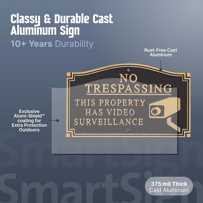 SmartSign 5.75 x 9.5 inch “No Trespassing - This Property Has Video Surveillance” GardenBoss Statement Plaque with 18 inch Lawn Stake, 375 mil Rustproof Aluminum, Black and Gold, Set of 1, USA-Made