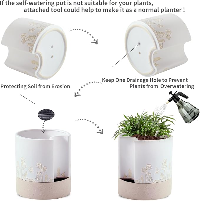 Nihow Self Watering Pots for Indoor Plants,8 Inch,White & Nature | Hand Painting,Ceramic Planter, Drainage Hole & Water Storage Plus, Cylinder Round Flower Pot, For Succulent/Herbs/Violets
