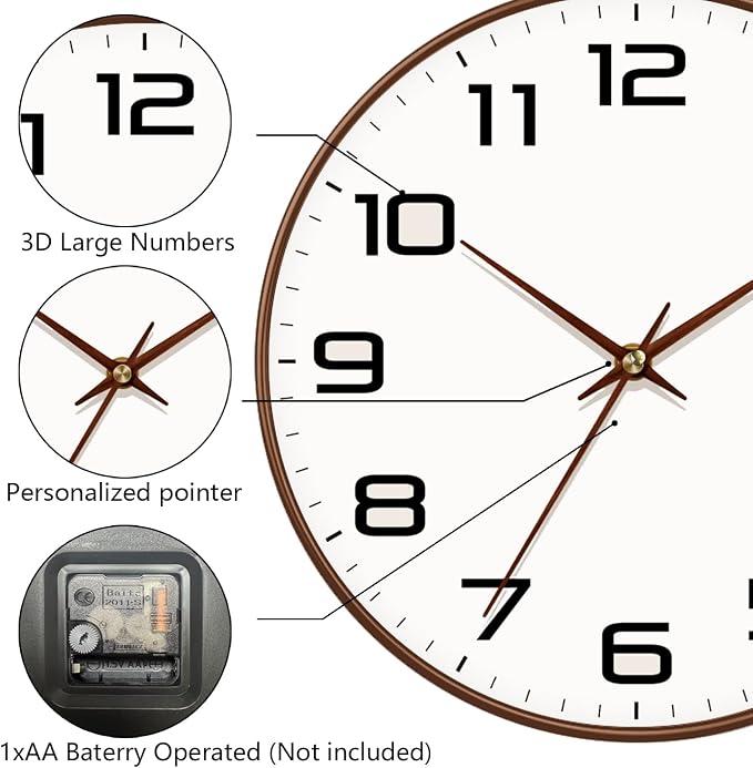 Woodgrain Wall Clock, Silent Non-Ticking Battery Operated Clock 10 Inch, Large Easy-to-Read Number Digital Wall Clocks, Modern Analog Clocks for Living Room Bedroom Kitchen Office Gym, Brown