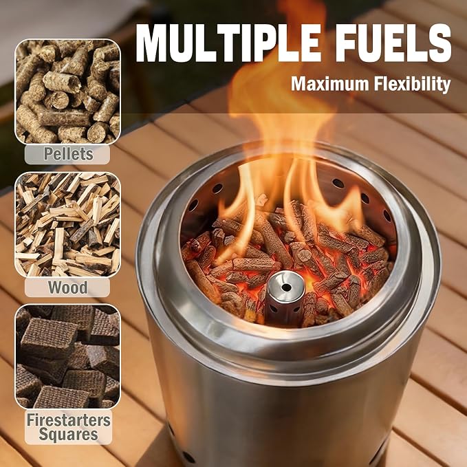 9.7 x 7.1 inch Tabletop FirePit, VivaGarden Portable Fire Pit Outdoor, Wood and Pellets Burning Camping Stove with Carry Bag, Forks, Mat and Pot Stand (Silver)