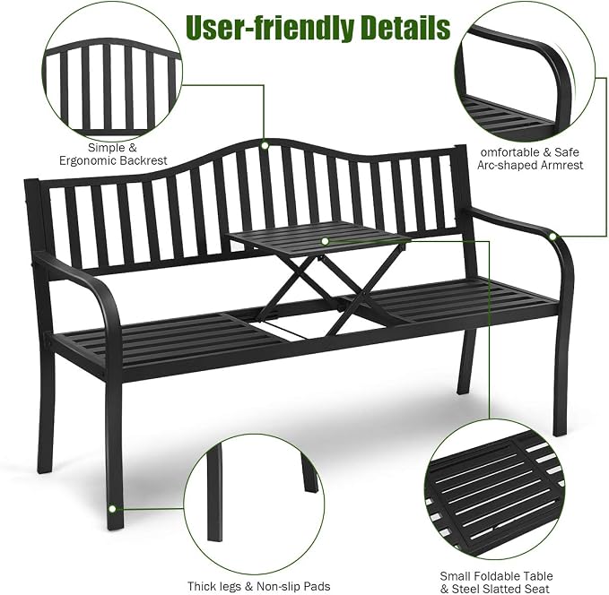 Giantex Outdoor Bench with Pullout Middle Table, 500Lbs Capacity, Outside Loveseat Chair, 2-3 Person Patio Seating, Metal Garden Benches for Front Porch Pool Deck Outside (Black)