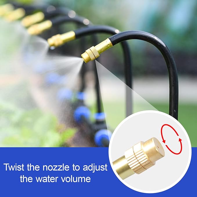 Upriver 15 Pcs Brass Misting Nozzles Tee with 8 Inch Built in Hose for 0.315"/8 mm Tubing, 360° Rotation Adjustable Water Mister Nozzle Thread Sprayer for Garden Watering System
