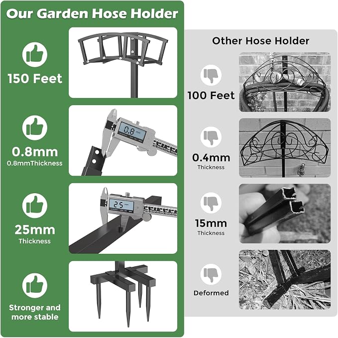 OLV Garden Hose Holder 4 Spikes, Heavy Duty Freestanding Water Hose Holder Stand Holds 150-ft Hoses, Detachable Outdoor Metal Storage Hanger Organizer Rack for Outside Yard Lawn Farm