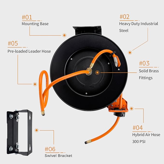 Giraffe Tools TA10 Retractable Air Hose Reel Swivel with 3/8 in. x 25 ft Hybrid Hose Max 300 PSI, Industrial Wall Mounted Compressor Hose Reel Heavy Duty, Air Compressor Heavy Duty Steel Reel