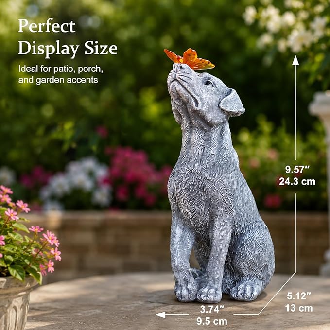Garden Statue Dog Figurine Decor with Solar Butterfly Outdoor Decoration | Ideal Gifts for Mom Dad or Birthdays,Memorial Yard Lawn Home Decor for Outside