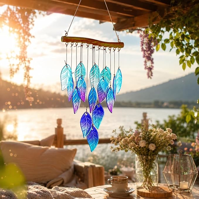 Wind Chimes for Outside,Stained Glass Leaves Wind Chimes Indoor Outdoor Hanging Decor Handmade 12.5" Garden Chimes for Windows, Patio,Backyard Decor Ornament for Christmas Tree