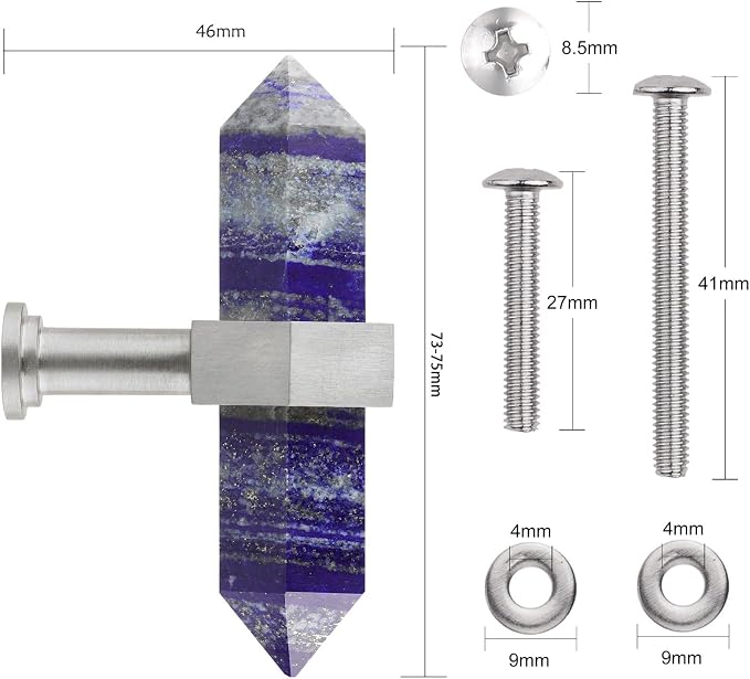 mookaitedecor Set of 2 Lapis Lazuli Double Crystal Points Drawer Knobs with Screws, Decorative Stone Cabinet Handle Pulls for Dresser Cupboard Kitchen Decor, Brushed Stainless Steel