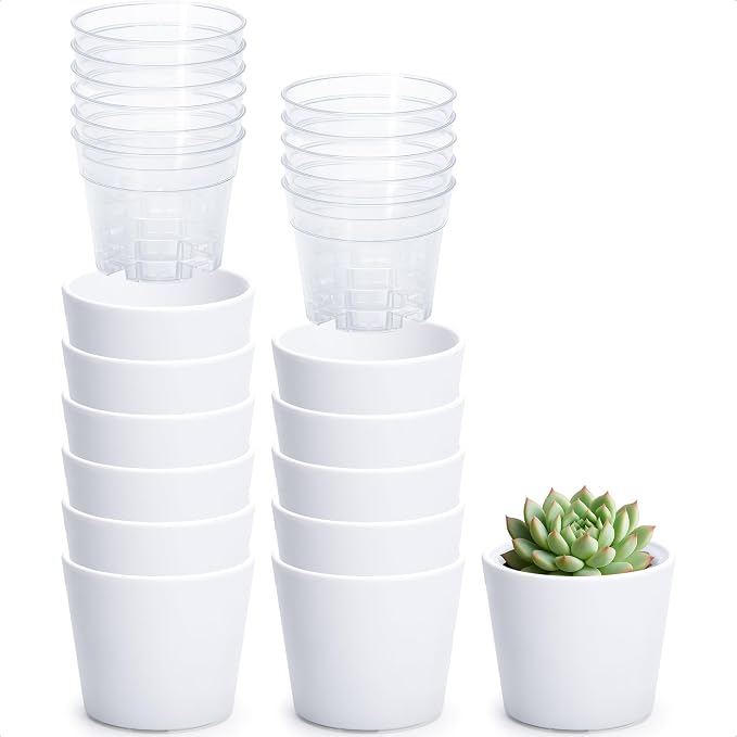 Phoenix Vine 3.5 Inch White Plastic Cachepot with Clear Nursery Pot, Decorative Lightweight Planter Cover with Transparent Inner Pot for Indoor Houseplants, Pack of 12, 24-A-D-12