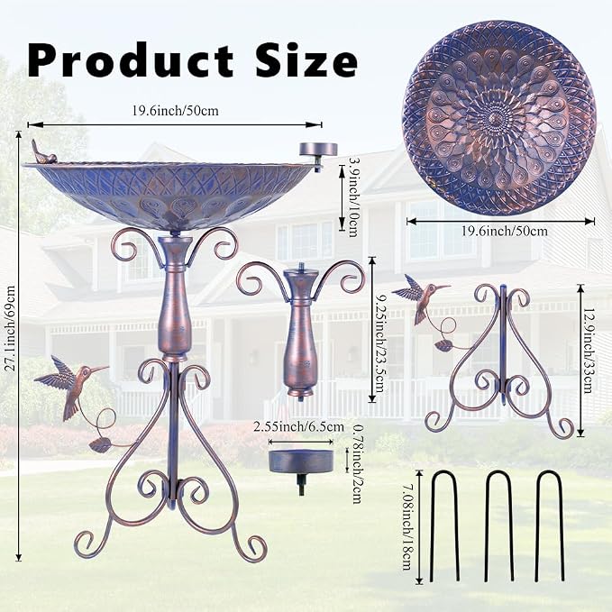 DREAMSOUL 20" Dia Large Bird Bath Stand, Purple Bird Bath for Outside with Peacock Feather Pattern 4" Deep Birdbath for Lawn Patio Decor
