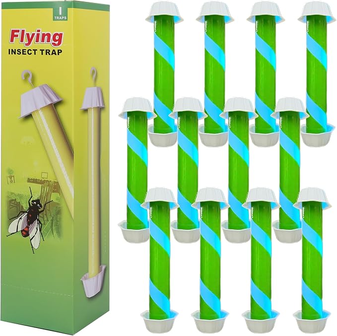 Fly Stick Sticky Fly Traps for Indoors Outdoor 12pk, Sticky Hanging Fly Stick, Flying Insect Trap, wasp Trap（Fluorescent Strip Green）