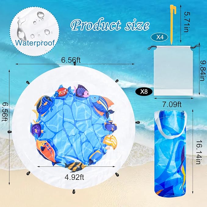 Dia 6.6Ft Baby Beach Pool, 2 in 1 Portable Round Kids Beach Play Pool Puddle Toddler Beach Blanket and Kiddie Pools Blue Cartoon Childs Sand Pit Paddling Pools with Water Bag for Boy Girl Outdoors