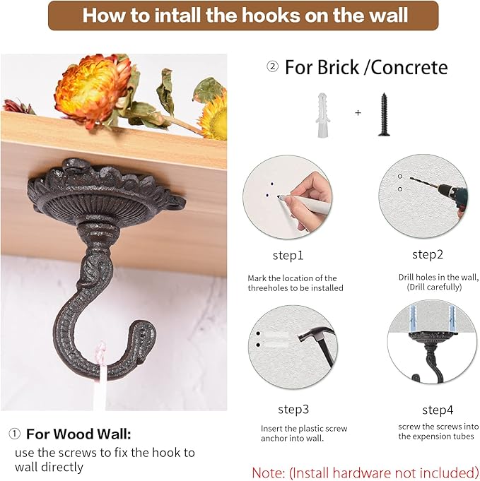Sungmor Heavy Duty Ceiling Hooks for Hanging Plants, 3PC Black 3.5x3.9Inch Large Cast Iron Ceiling Hooks, Antique Decorative Ceiling Swag Hooks for Hanging Planter Chandelier Wind Chime Lantern Hanger
