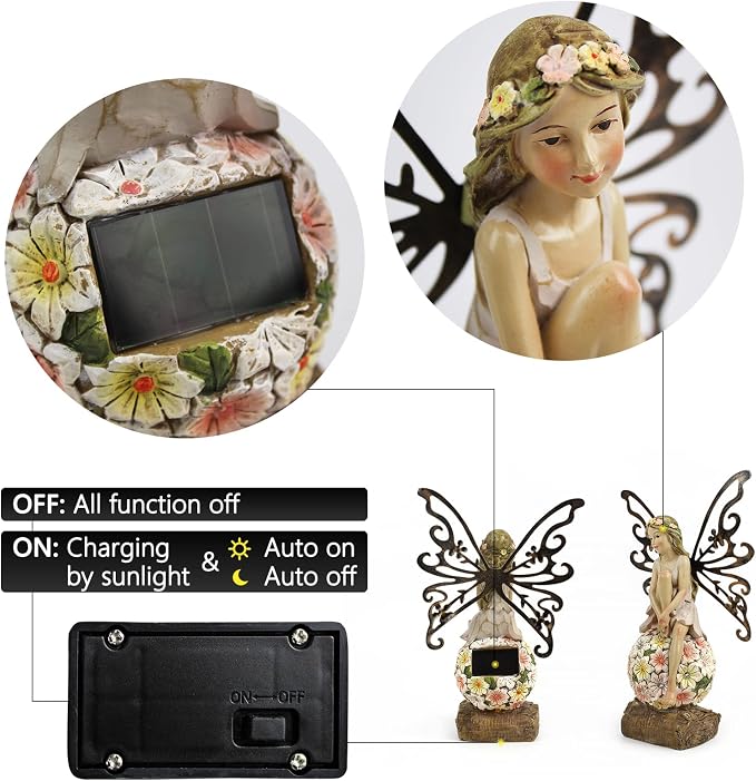Solar Fairy Statue Garden Decor - Fairies and 7 LED Lights - Lawn Decor Statue for Patio, Balcony, Yard Ornament - Gifts for Mom Grandma Women