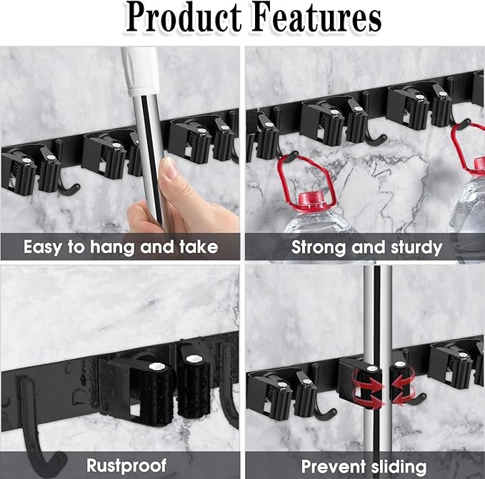 AceMining 2 Pack Black 5 Racks and 4 Hooks Mop and Broom Holder Wall Mount, Broom Organizer Storage Tool Racks Stainless Steel Heavy Duty Hooks Self Adhesive Solid Non-slip for Home Kitchen Garden | Mop Holder Wall Mount and Broom Hanger for Garage, La...