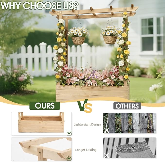VINGLI Raised Garden Bed with Trellis & Hanging Roof, Wooden Planter Box with Drainage Holes for Outdoor Climbing Plants Vegetables Flowers, Patio Yard Balcony (Natural, Medium)