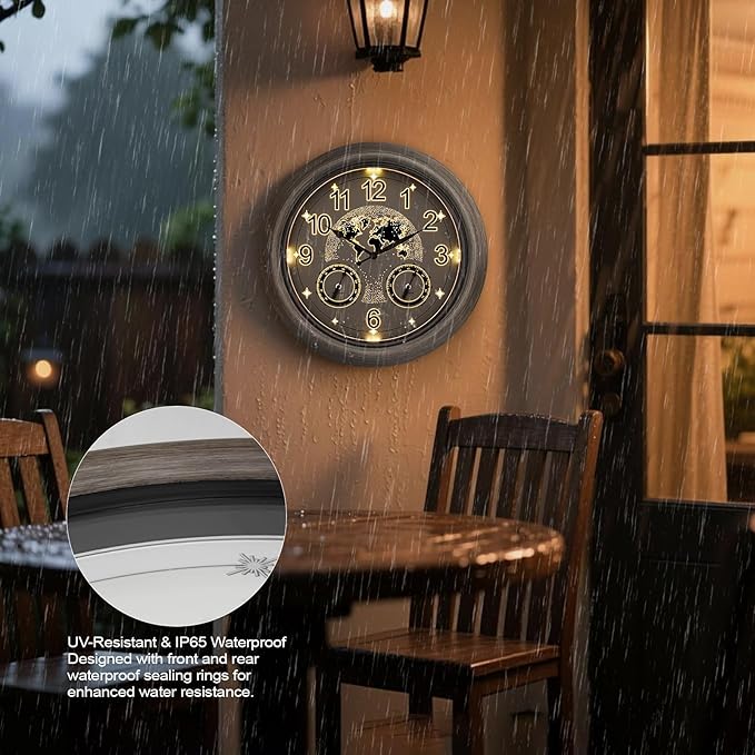 Pytha Sight Illuminated Large Indoor Outdoor Clocks Waterproof 18 Inch with Smart Night Light Sensor,Star World Map Design with Thermometer & Hygrometer for Patio, Pool, Garden,Housewarming Gift