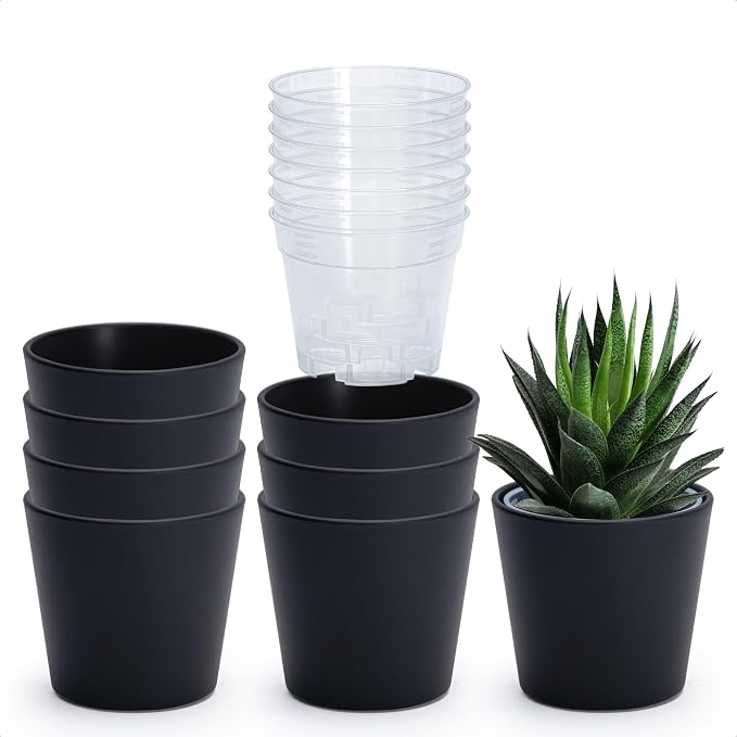 Phoenix Vine 4.5 Inch Black Plastic Cachepot with Clear Nursery Pot, Decorative Lightweight Planter Cover with Transparent Inner Pot for Indoor Houseplants, Pack of 8, 24-B-E-8