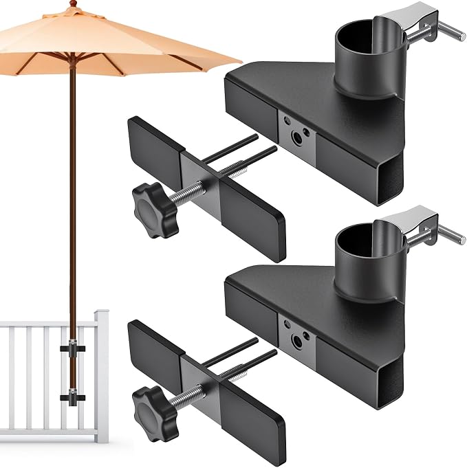 Heavy Duty Deck Railing Umbrella Holder, Adjustable Patio Umbrella Stand for 1-2 Inch Poles, Secure & Sturdy Railing Mount with Locking Pin, Maximizes Deck Space