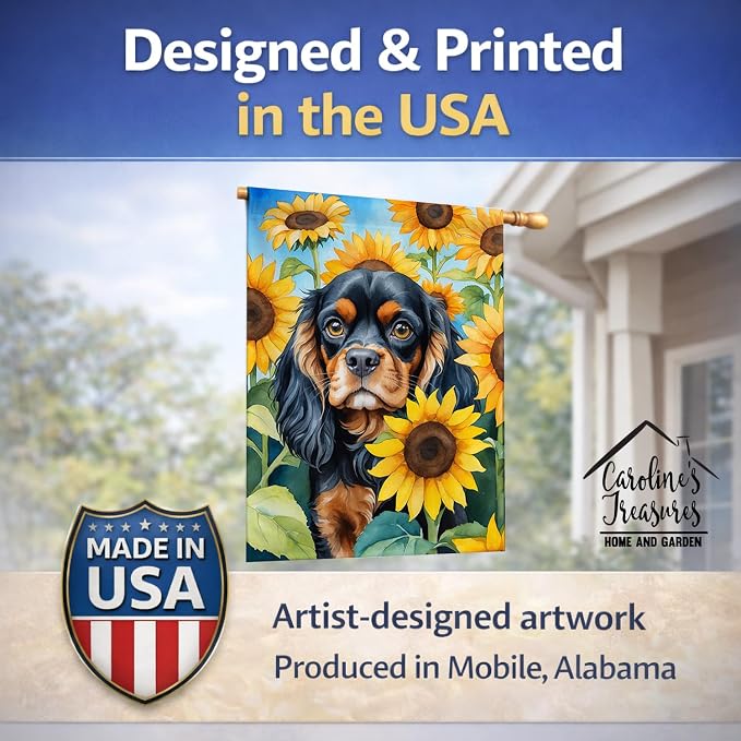 Caroline's Treasures DAC6048CHF Cavalier Spaniel in Sunflowers House Flag Large Porch Sleeve Pole Decorative Outside Yard Banner Artwork Wall Hanging, Polyester, House Size, Multicolor