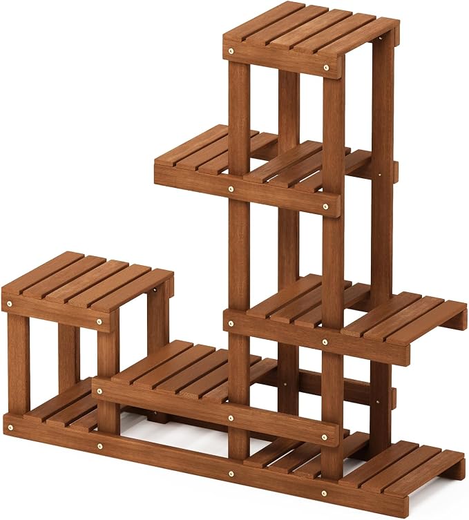 Furinno TIOMAN Plant Stand Outdoor, Multiple Tier Plant Shelf, Tiered Plant Stand Indoor, Outdoor, Patio, Garden, Balcony, Light Wood