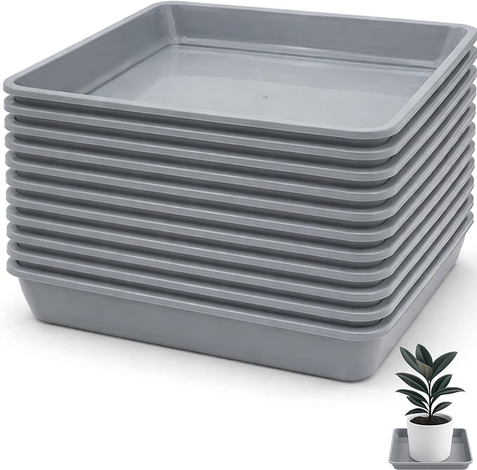 10 Pack Square Plant Saucer 16 Inches Plant Trays for Pots Plastic Square Drip Trays Flower Pot Saucers Black Planter Water Tray Plant Drainage Tray, Gray
