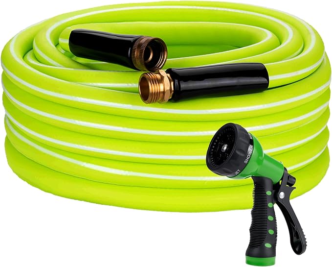 DAVCO Garden Hose 50FT x 5/8" ID with 7 Function Sprayer - Lightweight Hybrid Rubber, Kink-Free & Burst Resistant, Lead-Free Drinking Water Safe with 3/4" Brass Fittings for Yard, RV and Car Wash