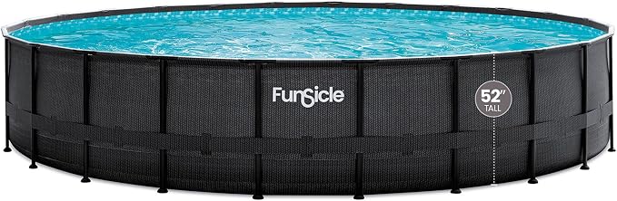 Funsicle 24' x 52" Oasis Swimming Pool Round Above Ground Outdoor Pool Set with Sand Filter Pump, Cover, and Maintenance Kit, Dark Chevron Rattan