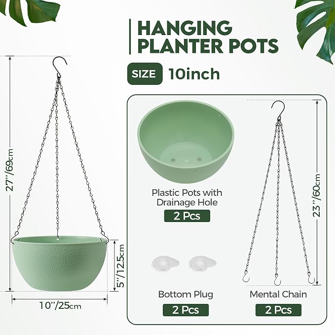 T4U 10 Inch Hanging Planters for Indoor Outdoor Plants, 2 Pack Plastic Hanging Planter, Indoor Hanging Plant Pots, Hanging Basket with Drainage Holes, Flower Pots for Garden Home Decor，Green