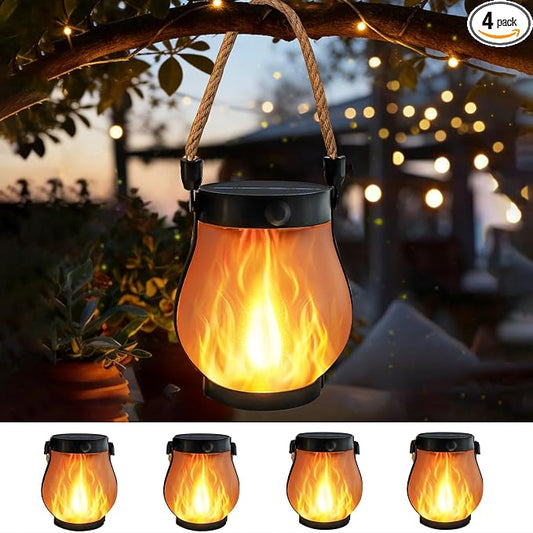 4 Pack Gen2 Solar Lanterns Outdoor Waterproof Hanging Solar Flame Lights | USB & Solar Charging, 2 Modes, Auto ON/OFF, IP65 Waterproof, Hemp Rope Handle, Indoor Outdoor for Garden Tree Tabletop Decor