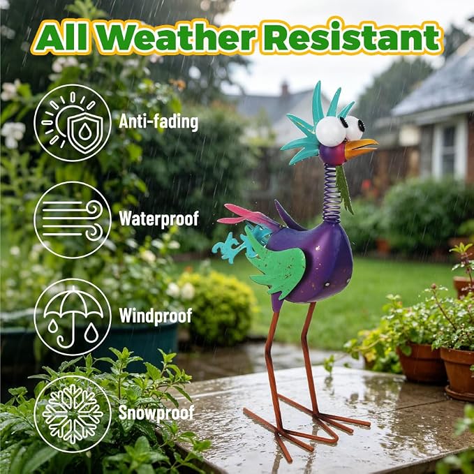 Metal Rooster Statue Outdoor Garden Decor,18" Wacky Rooster Decor Yard Statue Decorations Outdoor,Funny Chicken Sculpture for Patio, Lawn, Backyard (Purple)