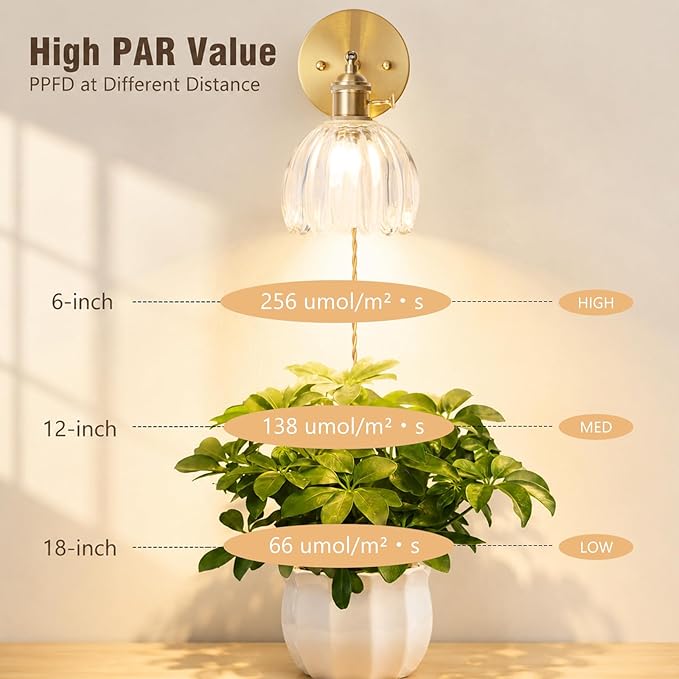 Wall Mounted Grow Lights for Indoor Plants with Vintage Tulip Glass Shade, Switch and Power Cord, Decorative Hanging Plants Light for Growing