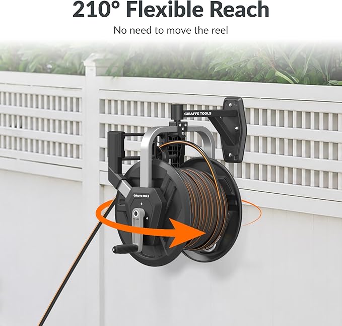 Giraffe Tools Garden Hose Reel Wall Mount, 125FT 5/8" Hose Capacity, Heavy Duty Water Hose Reel, Hose Guide Pre-Installed with Crank, 210° Swivel, for Yard Lawn Garage