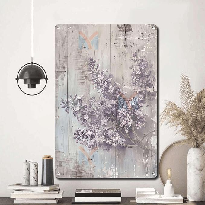 Metal Sign Tin Sign Vintage Wall Art Shabby Chic Lilacs Tin Sign for Rustic Springtime Antique Artistry and Distressed Wood Surfaces Tin Signs Gardening for Room 12×16 Inches